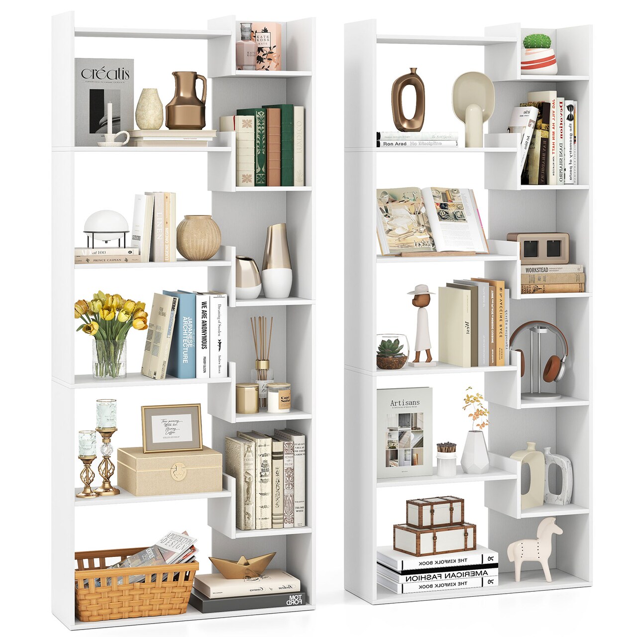 Costway 1/2 PCS 6-tier Bookshelf Tall Display Shelf with 11 Open Shelves 2 Anti-tipping Kits Black/Natural/White